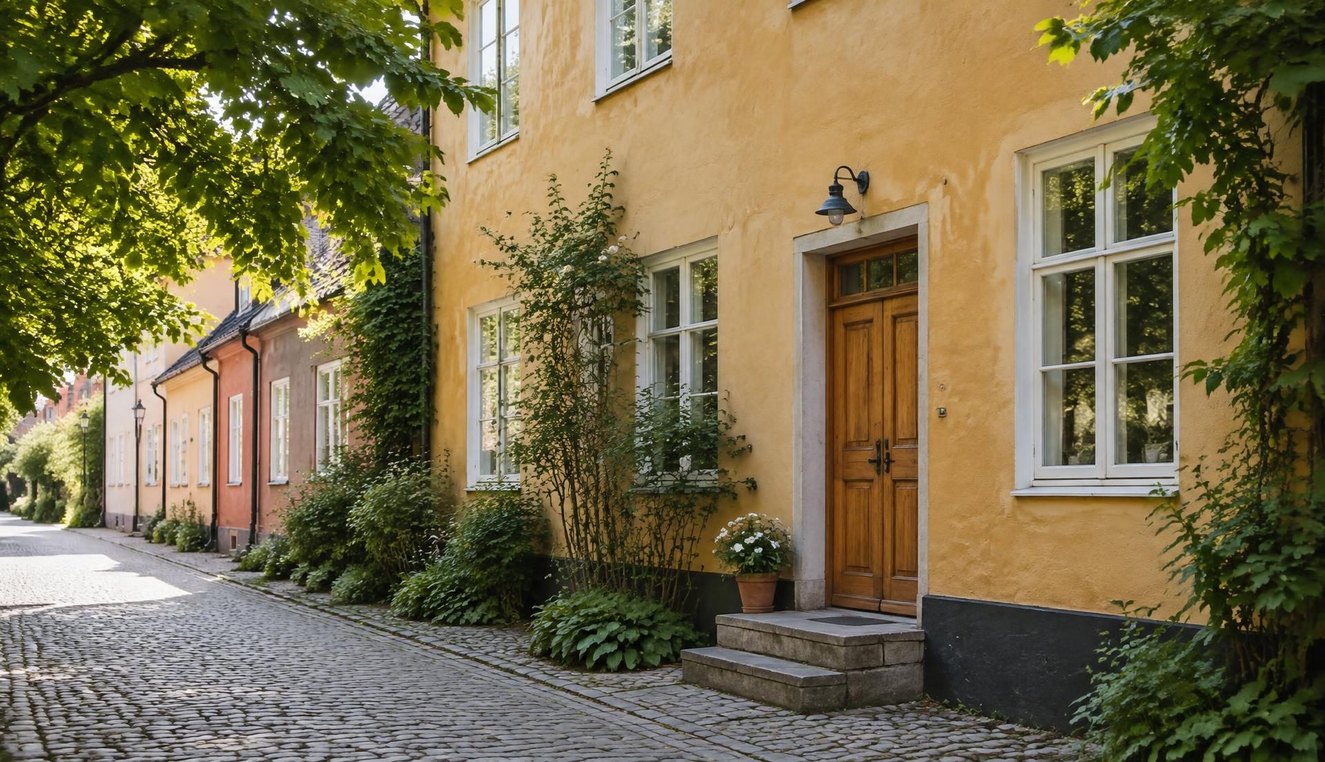 Varmgul fasad på en svensk stadsgata